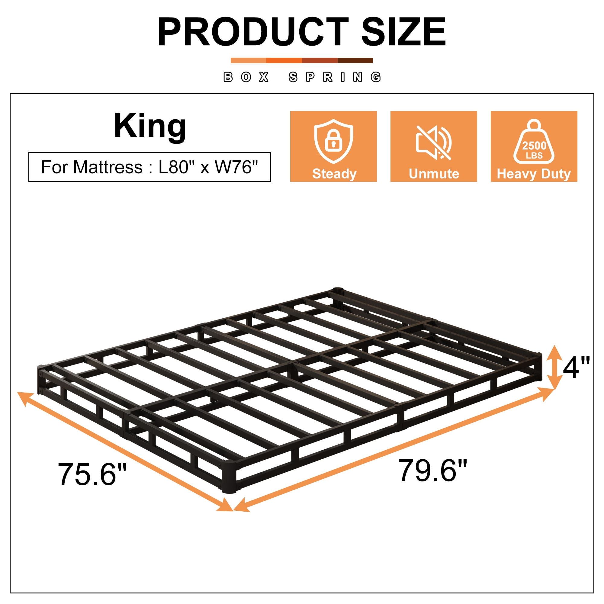 Maenizi King Size Box Spring 4 inch Low Profile, Heavy Duty Metal with Fabric Cover, Easy Assembly, Noise Free, Black