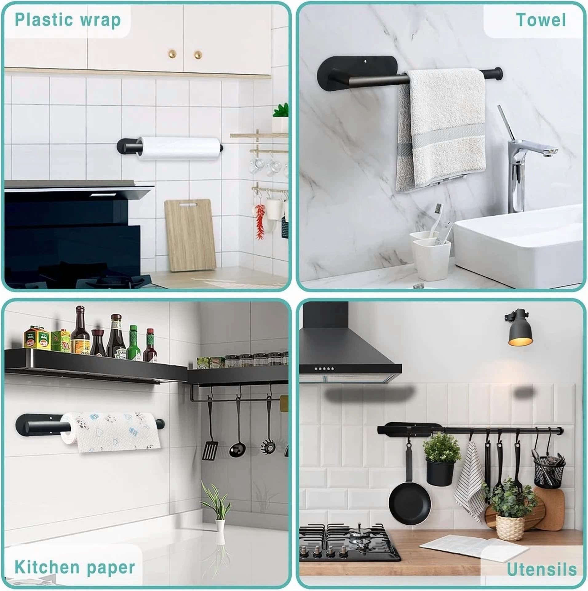 PRIME - Black Paper Towel Holder – Adhesive/Wall Mount Under Cabinet For Kitchen & Bath