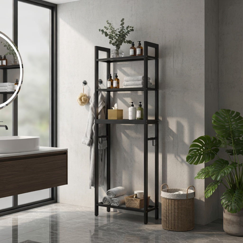 Hommoo Over-the-Toilet Storage Shelf, Heavy-Duty Metal Bathroom Organizer with 3-Tier Shelves & 3 Hooks, Space-Saving Design for Towels, Toiletries & Cosmetics, Brown