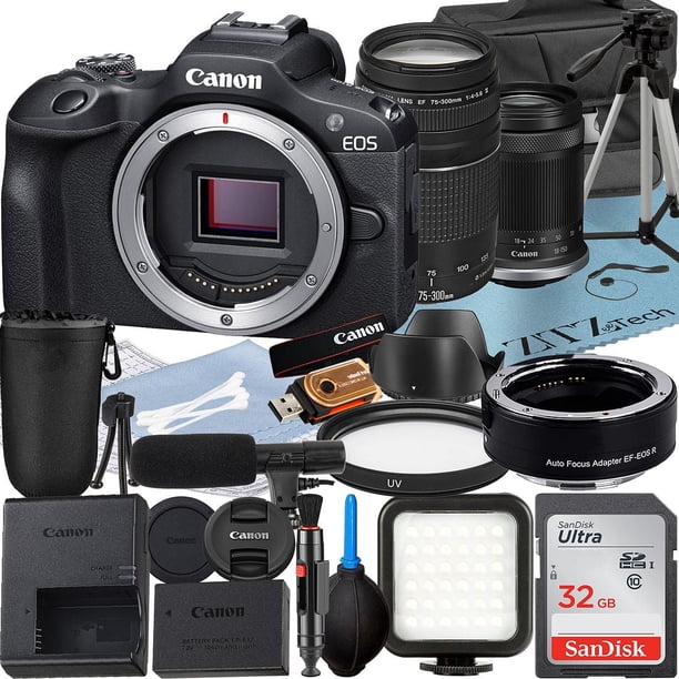 Canon EOS R100 Cámara sin Espejo Canon con RF-S 18-150 Mm y Lente 75-300 Mm y Adaptador de Montura y Tarjeta de Memoria SanDisk de 32 Gb y Estuche y Flash LED y Paquete de Accesorios ZeeTech