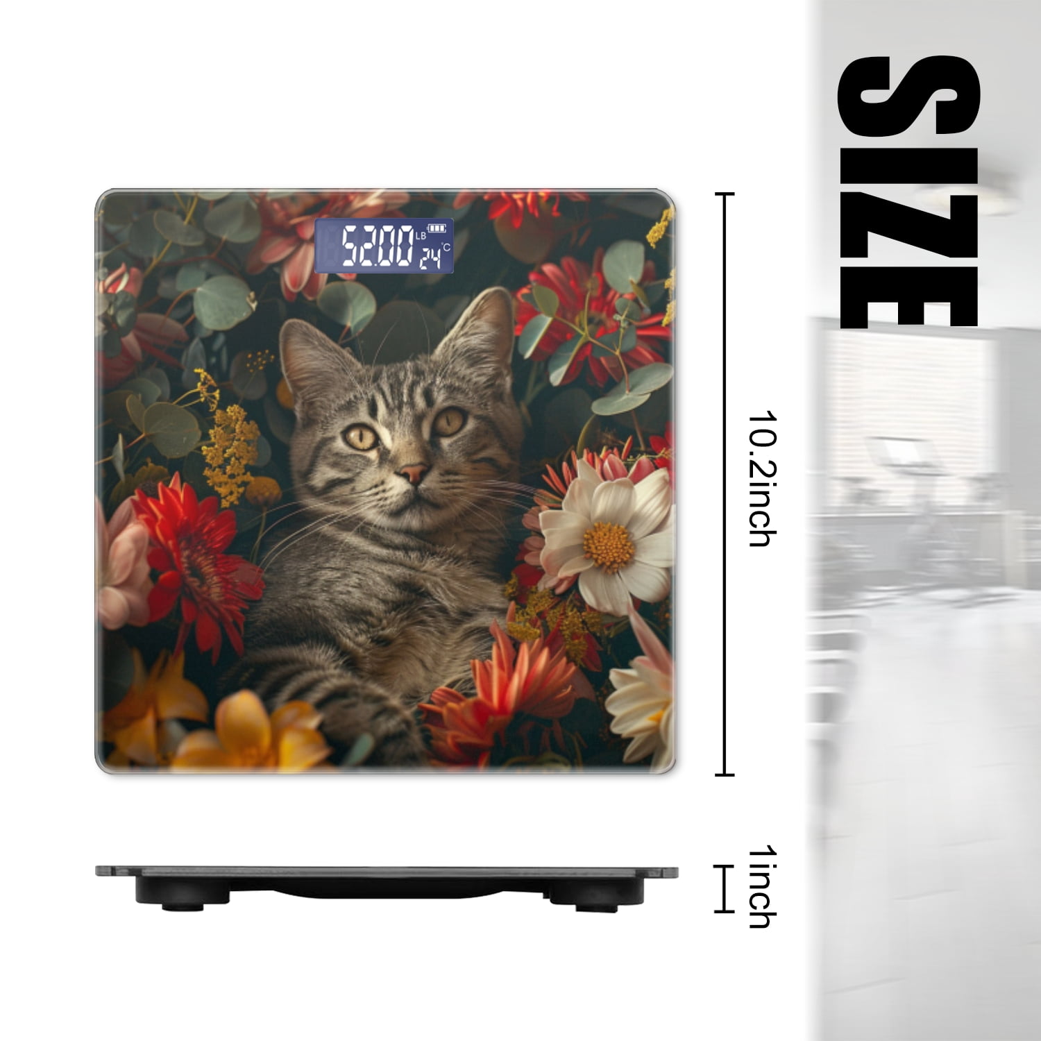 Bathroom Scale, Highly Accurate Digital Body Scale,Precisely Measures Weight up to 400 lbs-Gray Tabby Cat Surrounded By Colorful Flowers