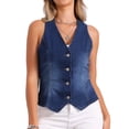 thumbnail image 1 of Chaleco de mezclilla sin mangas para mujer INSPIRE CHIC, con cuello en V y botones, chaqueta casual de jean, azul oscuro, talla XS, 1 of 6