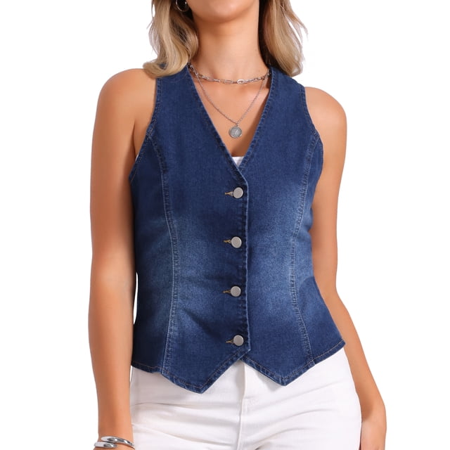 Chaleco de mezclilla sin mangas para mujer INSPIRE CHIC, con cuello en V y botones, chaqueta casual de jean, azul oscuro, talla XS