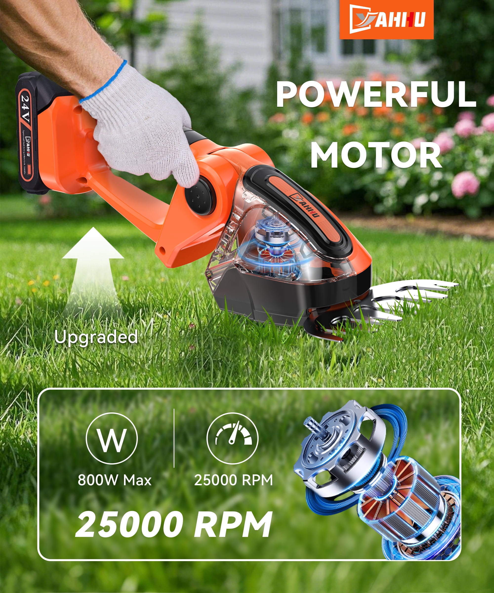 YAHHU Cordless Hedge Trimmer, 3 in 1 Handheld Electric Grass Trimmer , Trimmer for Bush,Tree, Garden, Patio and Lawn