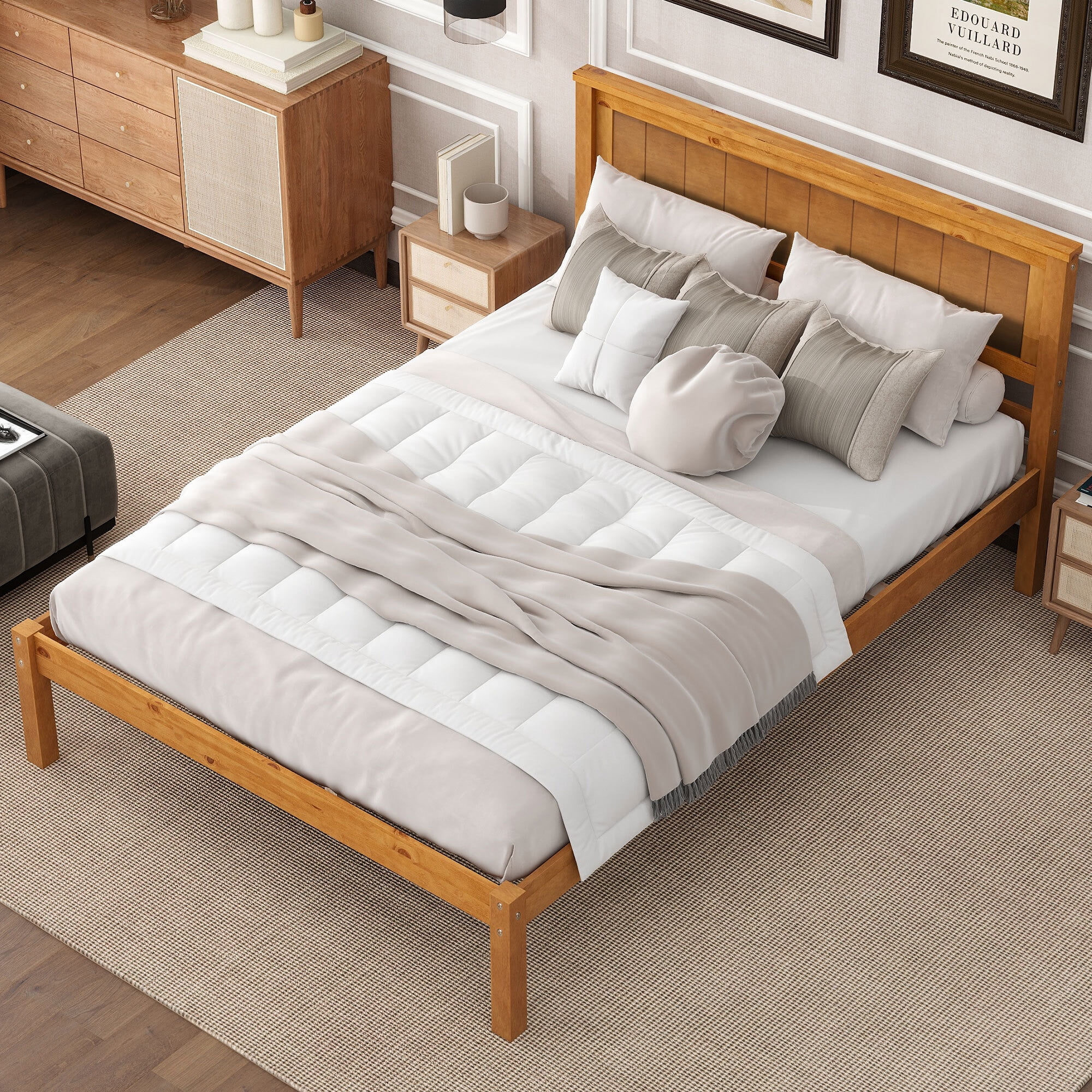 Euroco Full Platform Bed, Modern Wood Frame Bed with Headboard and Slats for Kids Room, No Box Spring Needed, Oak