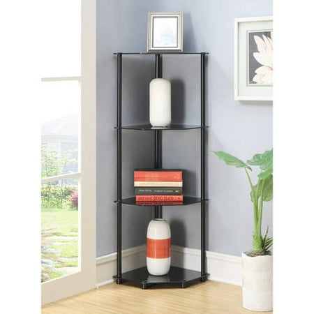 Convenience Concepts Designs2Go No Tools 4 Tier Corner Shelf, Black Glass