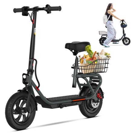 TST Electric Scooter with Seat and Basket, Max 16 MPH Foldable Electric Scooter Adults, Peak 450W Motor, 20 Miles Range, 12" Pneumatic Tire Commuter E Scooter