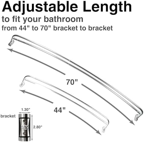 Double Curved Shower Rod, Metal Construction, Adjustable Between 44 to 70 Inches, Aluminum Rods and Zinc Mounting Hardware, Quality Modern Bathware, Chrome Finish