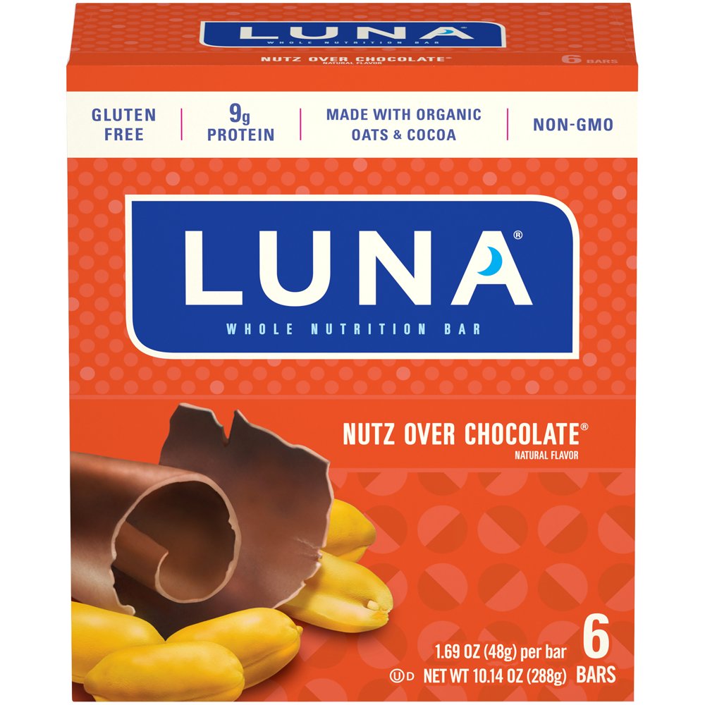 LUNA BAR Snack Bars, Gluten Free, Nutz Over Chocolate Flavor, 6 Ct, 1.