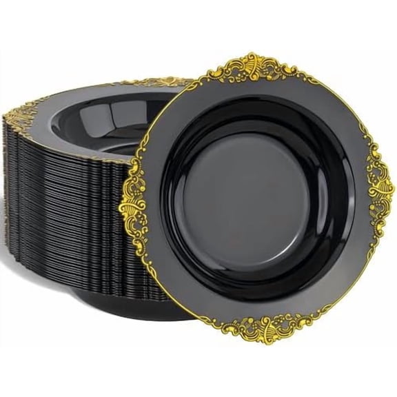 50PCS Black Plastic Bowls with Gold Rim - 12oz Disposable Soup Bowls, Heavy Duty Salad Ice Cream Bowl Perfect For Weddings, Parties and Halloween