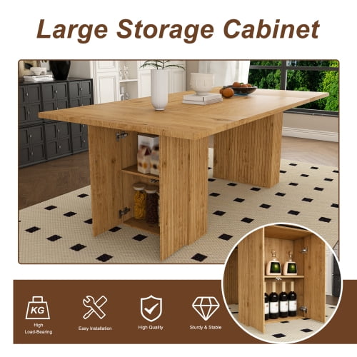 78 Inch Dining Table with Storage Base, Wood Veneer Rectangular MDF Farmhouse Table for 6, Modern Rustic Kitchen Table with Soft-Close Doors for Dining Room, Oak