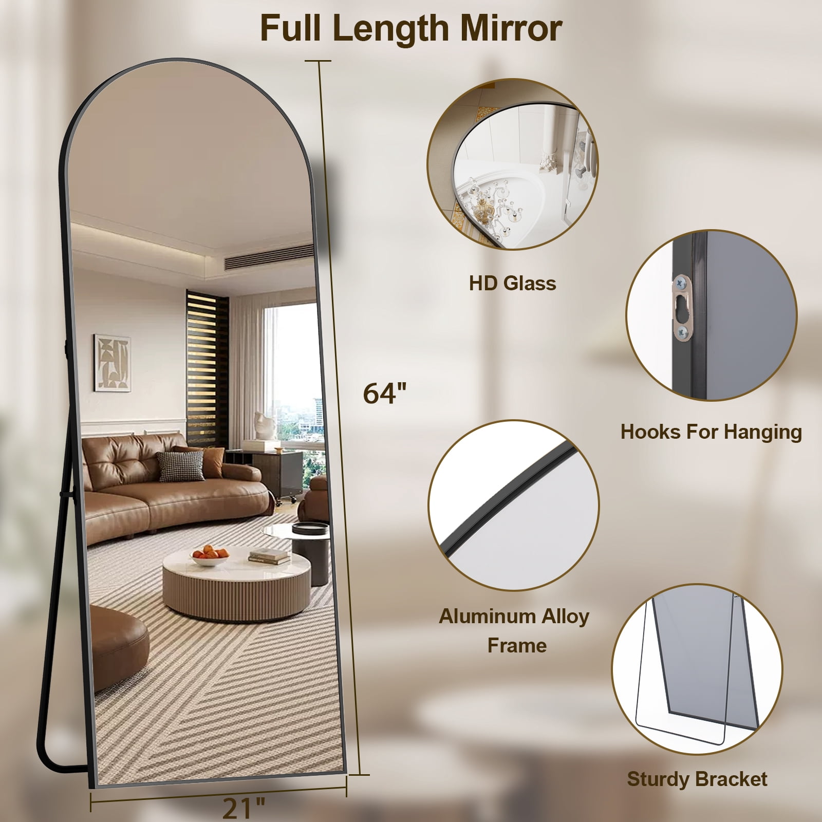 AUROMIR 64"x 21" Full Length Mirror Arched Full Body Floor Mirror with stand, Black