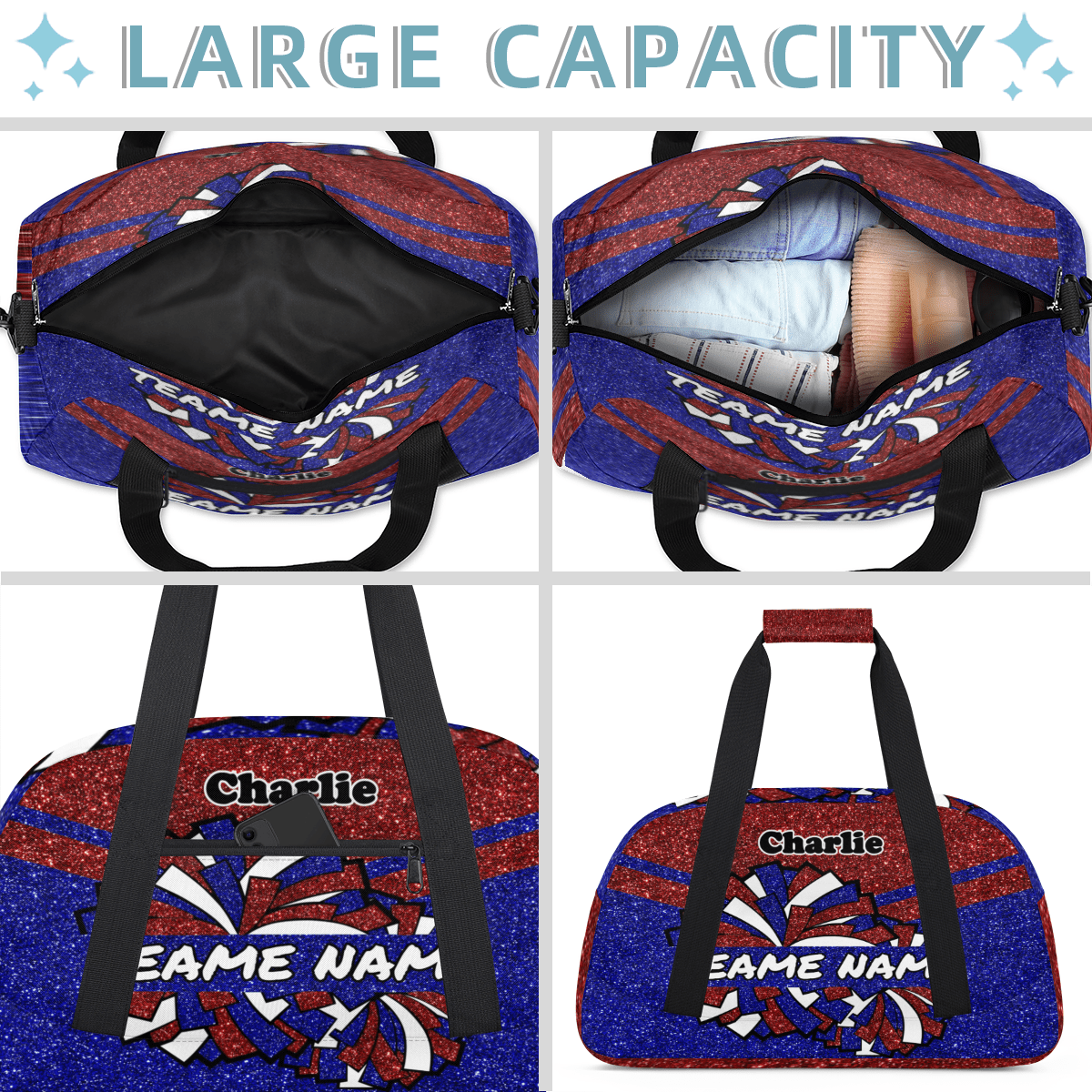 Personalized Cheerleader Bag Dance Bag for Girls, Custom Team Bag Gym Bag Sport Duffel Bag, Weekender Bags Travel Bag for Cheer Team Glitter Red Blue
