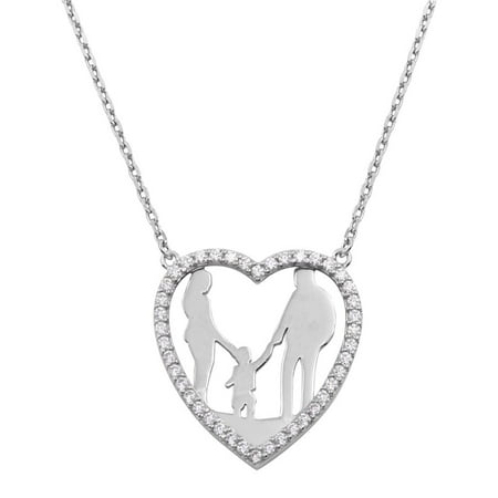 Cubic Zirconia Mom, Dad, And Son Heart Family Necklace Sterling