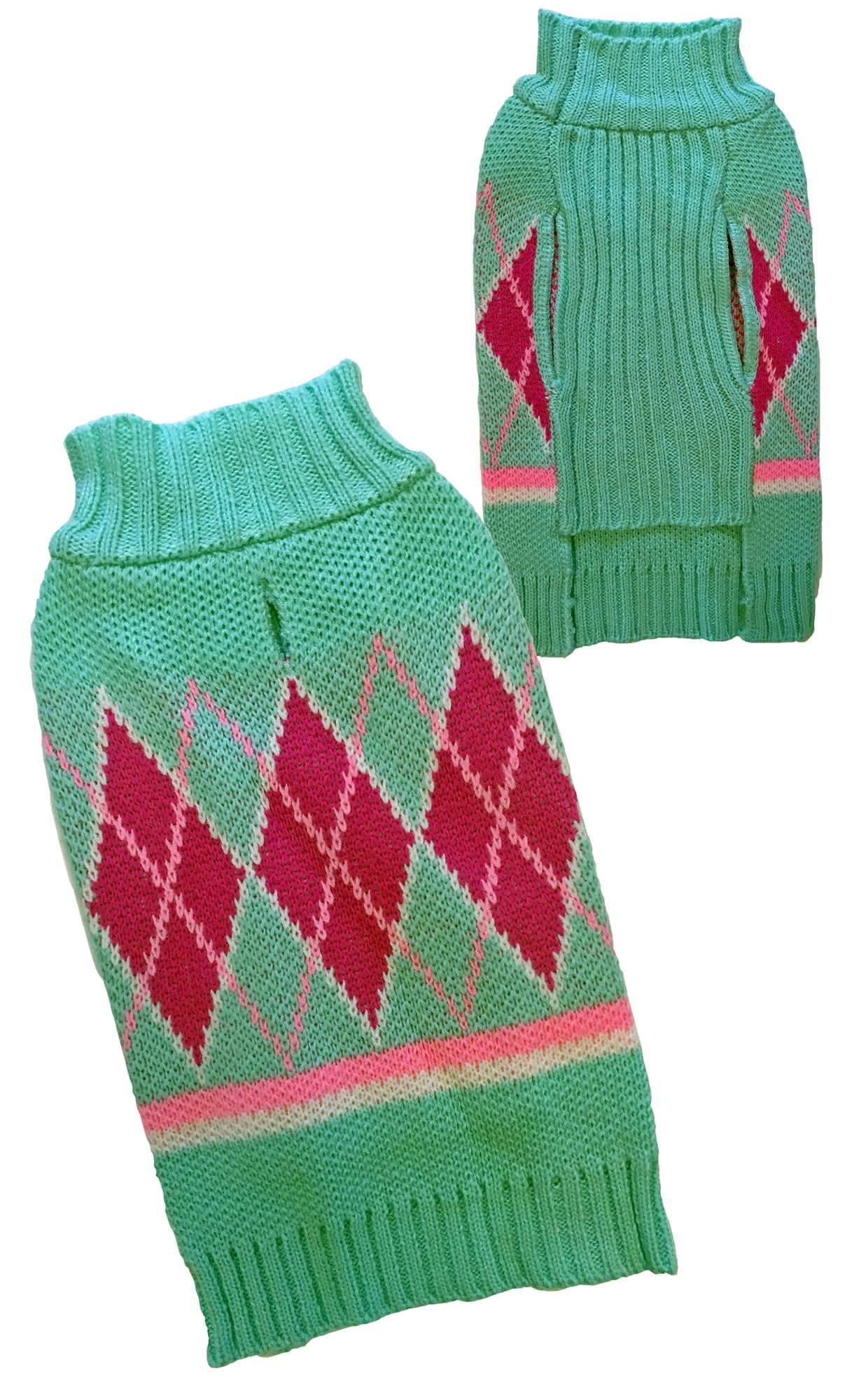 pink and green argyle sweater