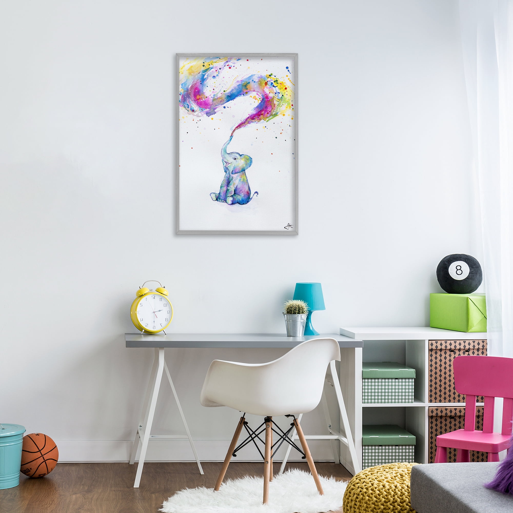 Stupell Industries Spring Elephant & Paint Splatter Gray Framed Giclee Art, design by Marc Allante