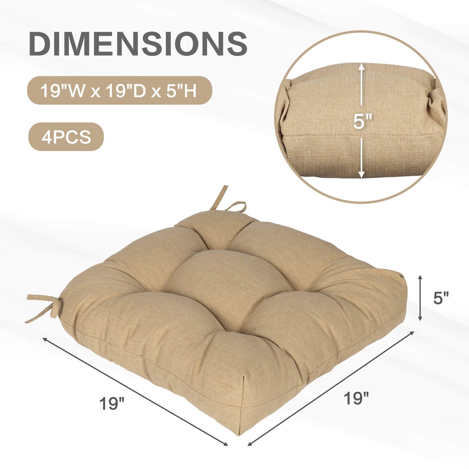 Aoodor 19x19x5 Inch Tufted Outdoor Chair Cushions, Water and Fade Resistant Polyester Dining Chair Pads with Ties for Patio Furniture, Set of 4, Brown
