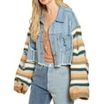 thumbnail image 2 of Seyurigaoka Women Denim Coat Button-Down Crop Tops Spring Autumn Contrast Color Striped Pattern Jackets Long Sleeve Turn-Down Collar Pockets Outwear, 2 of 8