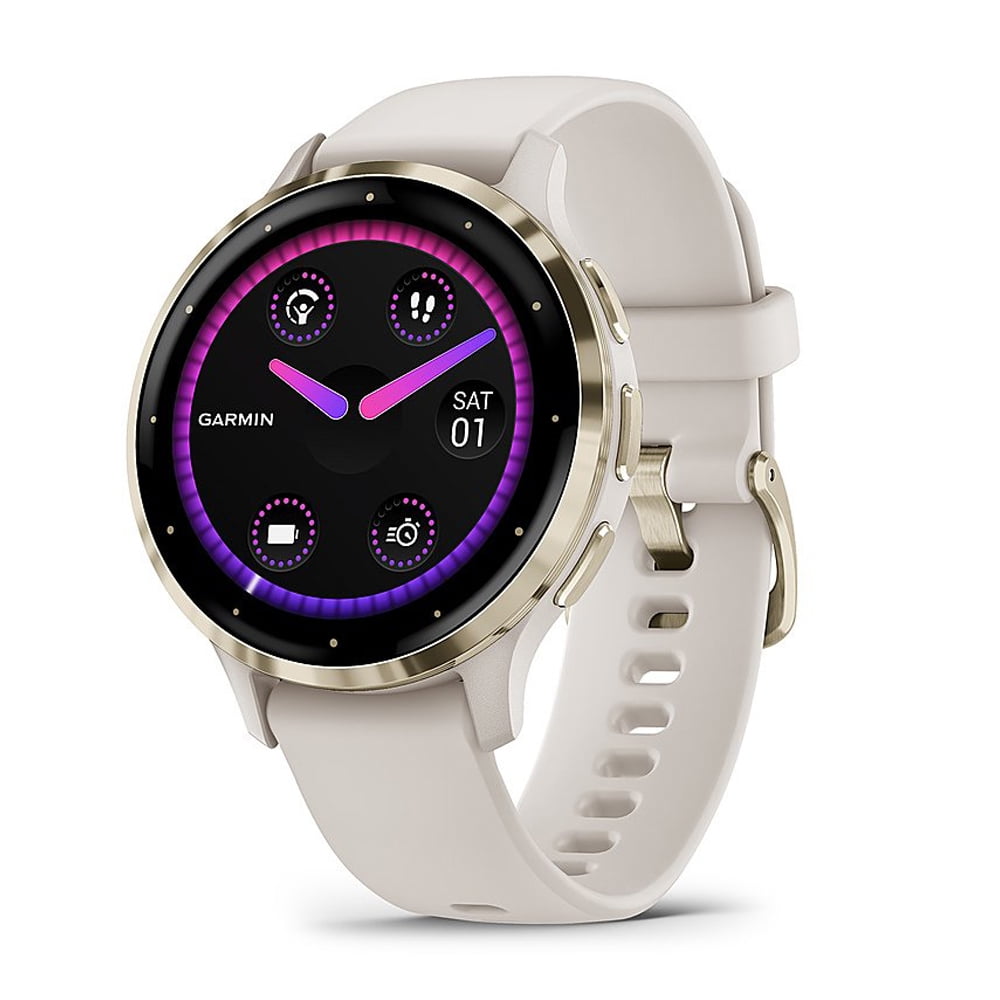 Garmin 010-02785-04 Venu 3S Health Fitness GPS Smartwatch Gold Steel Bezel with Ivory Case (41mm) Bundle with Sport Towel, Deco Essentials Wearable Safety Light| Official Garmin USA Dealer