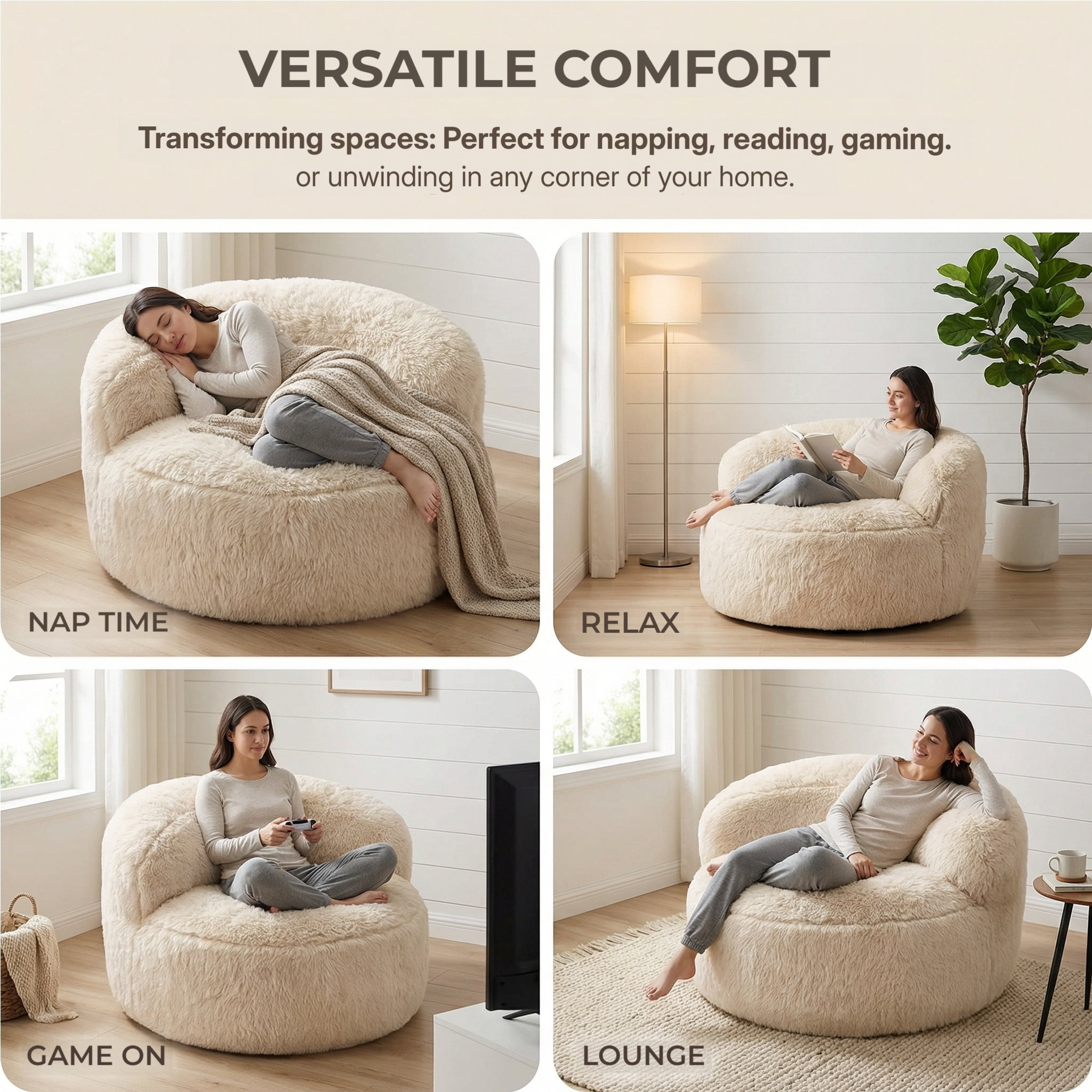Fulsmile Bean Bag Chair Large Plush Chairs for Adults Giant Beanbag Chair Bean Bag Sofa with Stuffed Memory Foam Bean Lounger Chair for Reading Gaming Relaxing, Beige