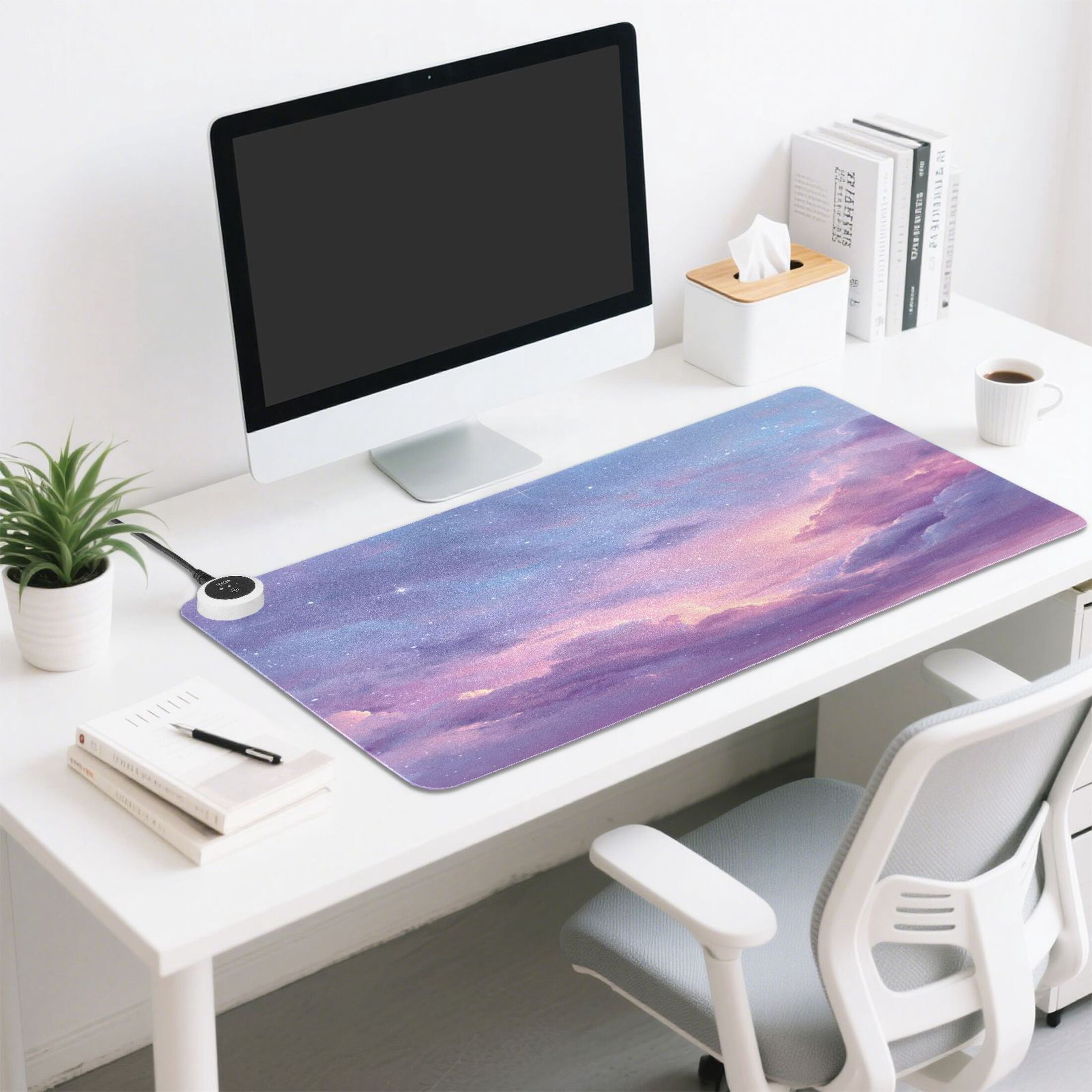 Large Heated Desk Mat Mouse Pad 31.5"x13"PU Leather Graphene Heating Desk Warmer with 3 Temperature Settings 110V US Plug Non-Slip Warm Pad for Home, Office, and Gaming Cotton Candy Dawn Sky