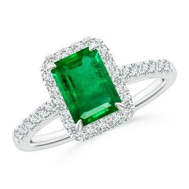 ANGARA Natural 1.5 Ct Emerald-Cut Emerald Ring with Diamond Halo in 14K White Gold for Women (Size-8x6mm) | May Birthstone, Birthday, Anniversary, Jewelry Gift for Women | Natural Emerald Ring