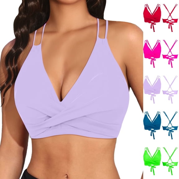 HJYCHN Women Bikini Swim Tops Front Style Double Thin Strap Bikini Top Criss Back Tie Cutout for Beach Swimsuits for Women Purple_004 XL