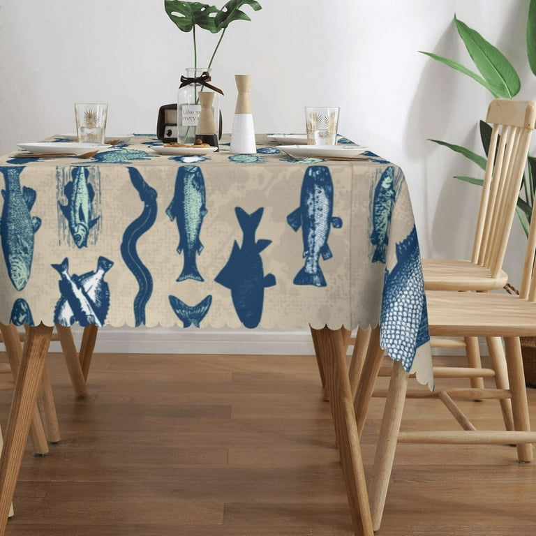 Tablecloth Vintage Fish Drawing Animals Wildlife Table Cloth For Rectangle  Tables Waterproof Resistant Picnic Table Covers For Kitchen Dining/Party(54x72in)  