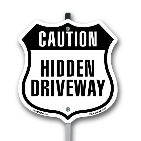 Caution Hidden Driveway 12 inch X 12 inch Shield Shaped Commercial Grade Plastic Sign with Aluminum Mounting Stake Weather Resistant Made in the USA