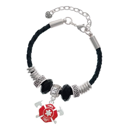 Delight Jewelry Silvertone Red Fire Department Shield with Axes Sister Celtic Knot Leather Bead Bracelet, 7"+2" Extender