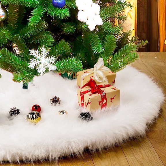 Dserhfy Faux Fur Christmas Tree Skirt White Furry Christmas Tree Skirt Thick Soft Plush Rug for Winter Holiday Xmas Party Decoration