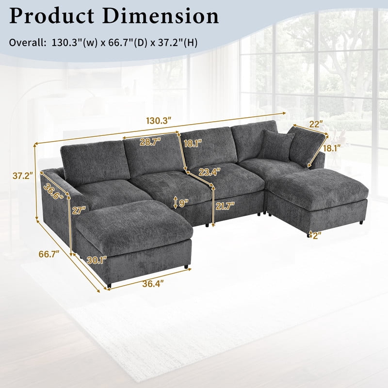 130.3" 6-Seater U-Shaped Modular Sectional Sofa, Chenille Upholstered Couch with 2 Movable Ottomans, Deep Seat Modern Sofa with Solid Wood Frame, Accent Pillow for Living Room