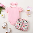thumbnail image 3 of Toddler Baby Girls Clothes Baby Girls Summer Outfits 12-18 Months Girls Short Sleeve Romper Top Floral Shorts Headband 3PCS Set Pink, 3 of 9