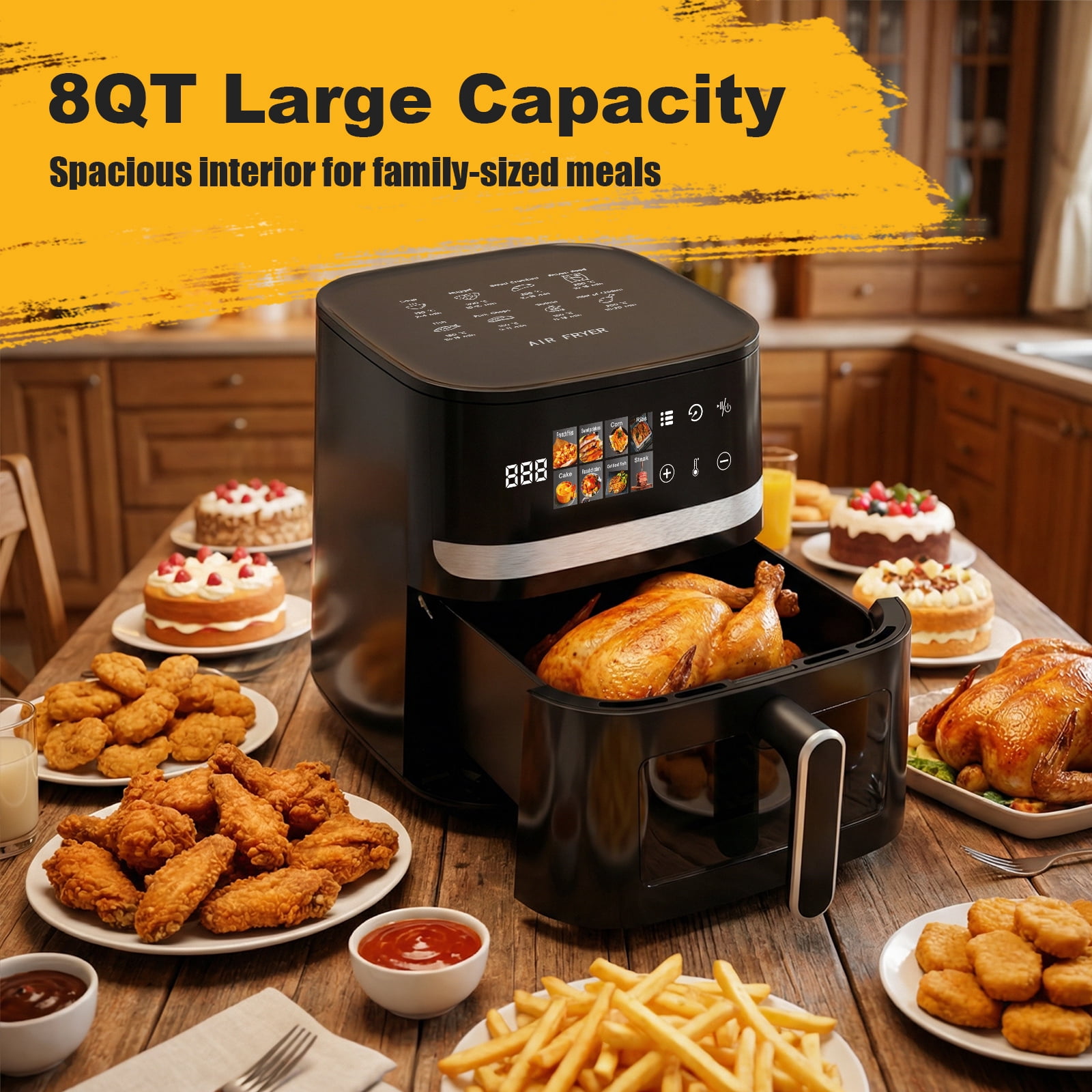 Bluebow 8QT Air Fryer, 8-in-1 Presets Electric Hot Oven with Digital LED Touchscreen, Non-stick Dishwasher-Safe Basket, Easy View Window, Black