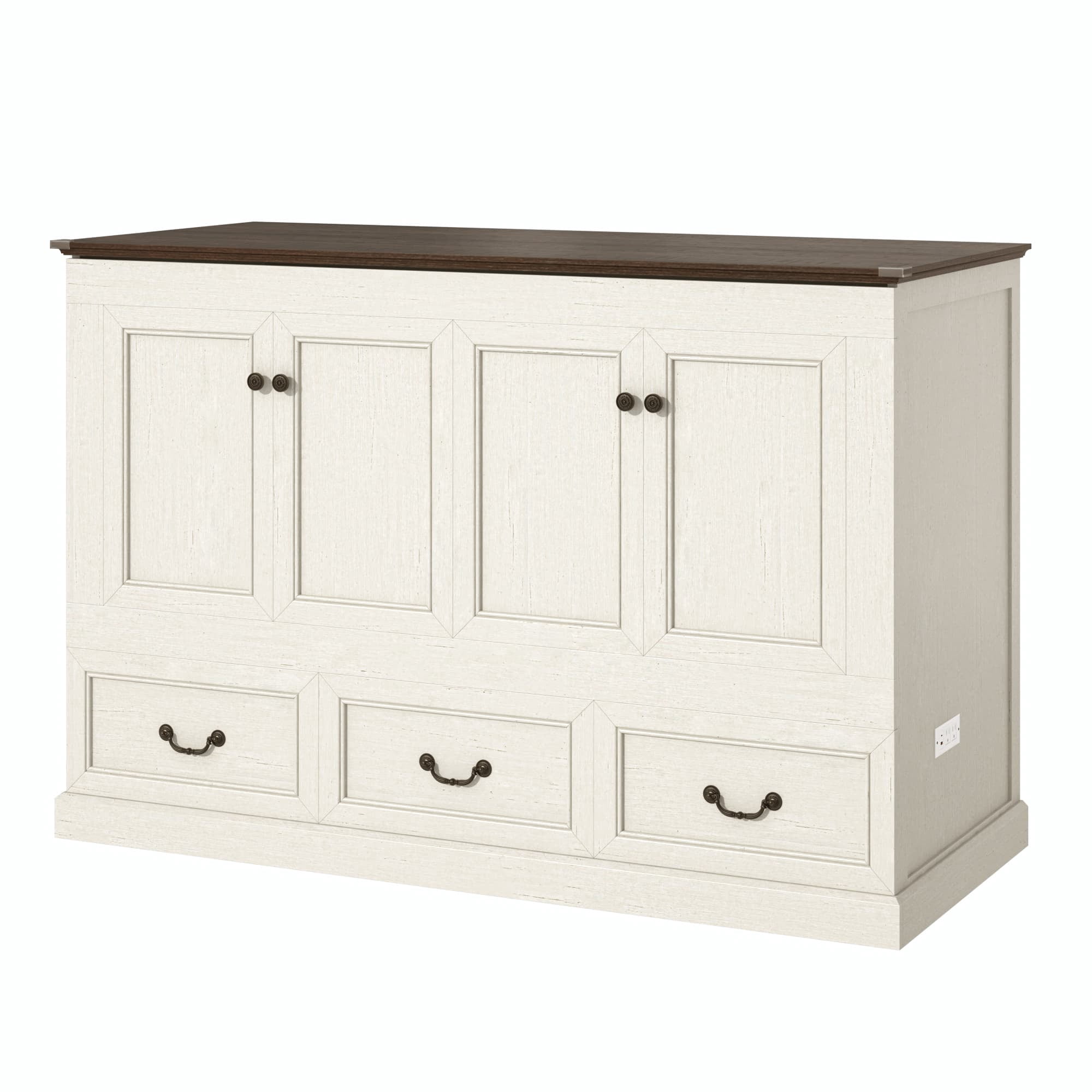 Queen Size Murphy Cabinet Bed with Large Drawer and Power Charging Station,Farmhouse Chest Bed for Living Room/Guest Room, No Wall Mounting Required