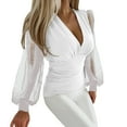 thumbnail image 2 of White Womens Tops Women Deep V Neck Tops Slim Fit Puff Long Sleeve Elastic Waist Ruched Wrap Low Cut Blouse Shirt Crop Top Shirts for Women, 2 of 4