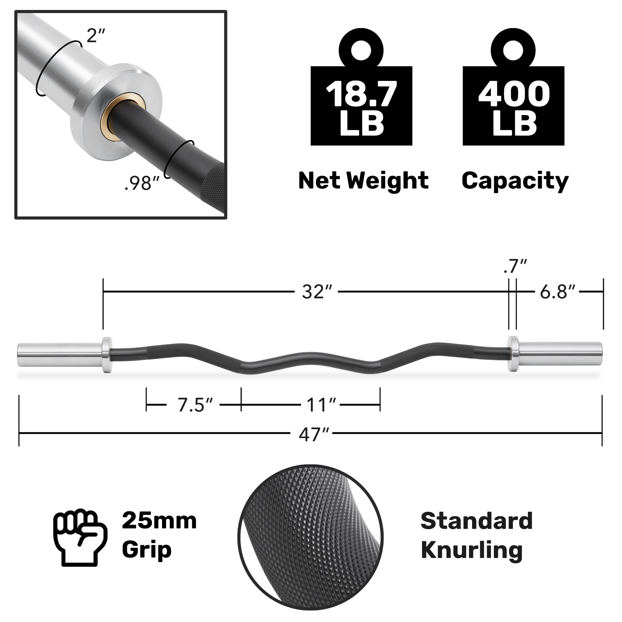 Philosophy Gym 47" EZ Curl Olympic Barbell - 8.5KG 25mm Grip 400LB Capacity 4 Needle Bearing 2" Weightlifting Bar