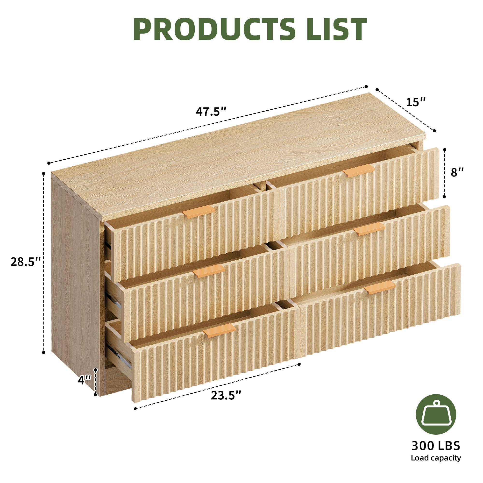 Uforic 6 Drawers Fluted Double Dresser, MDF Chest of Drawer Storage Cabinet, Natural