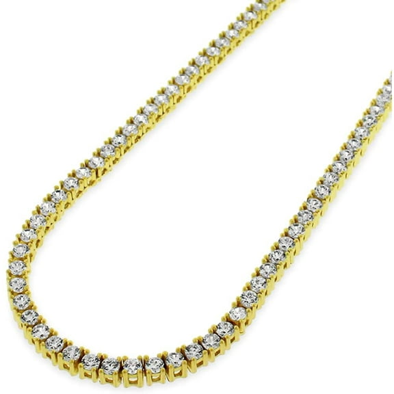 925 Italian Sterling Silver 2.5mm Tennis Necklace, Iced Out Round Cut CZ Cubic Zirconia Yellow Gold Plated Link Chain, Giorgio Bergamo 22