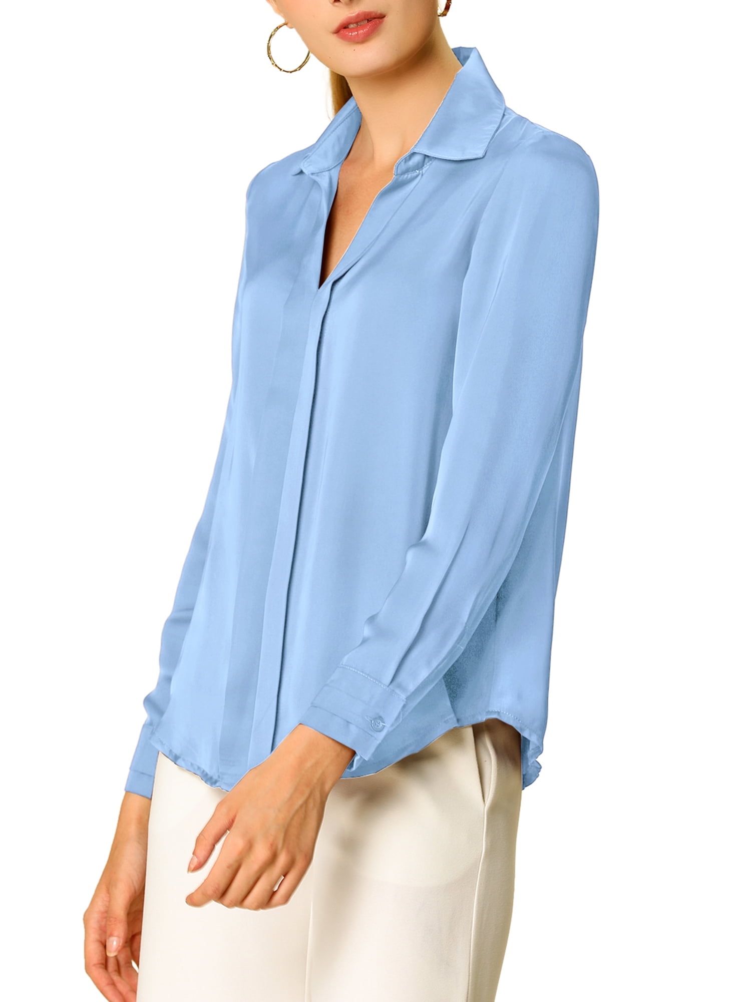 DARING DIVA Women's V Neck Classic Work Office Long Sleeve Shirt L Light Blue