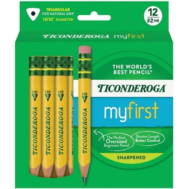 Ticonderoga My First Short Triangular Wood-Cased Pencils, 2 HB Soft, With Erasers, Yellow, 12 Count