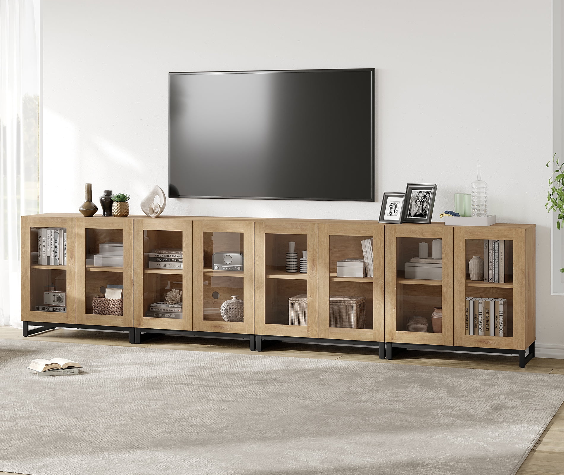 Modern 4-in-1 Modern TV Stand, Tempered Glass Doors Entertainment Center with Adjustable Shelves & Sturdy Metal Base, Media Console for up to 120 Inch TVs, Oak