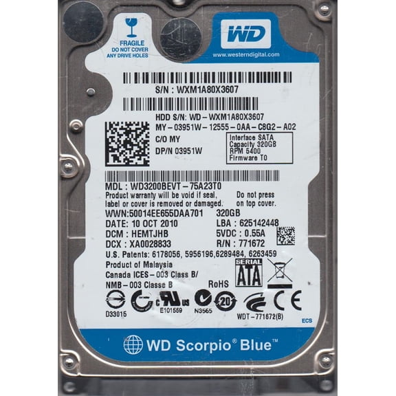 WD3200BEVT-75A23T0, DCM HEMTJHB, Western Digital 320GB SATA 2.5 Hard Drive