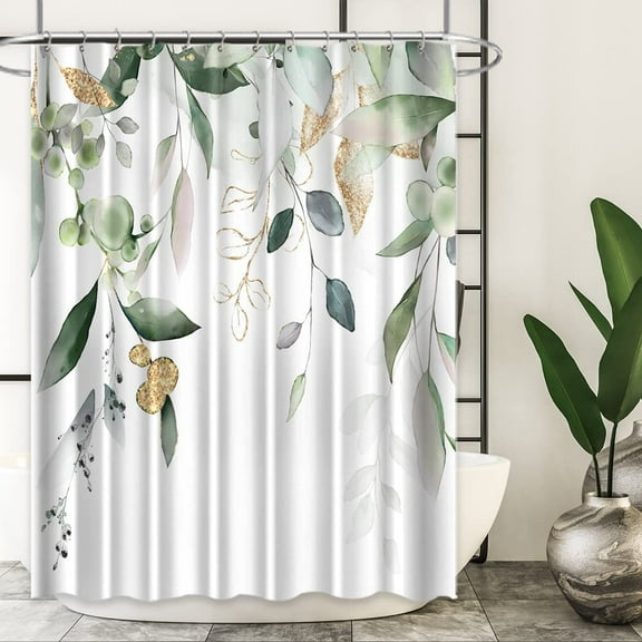 Green Eucalyptus Leaves Shower Curtain Gold Botanical Bathroom Curtain Sage Green Plant White Fabric Bathtub Decor