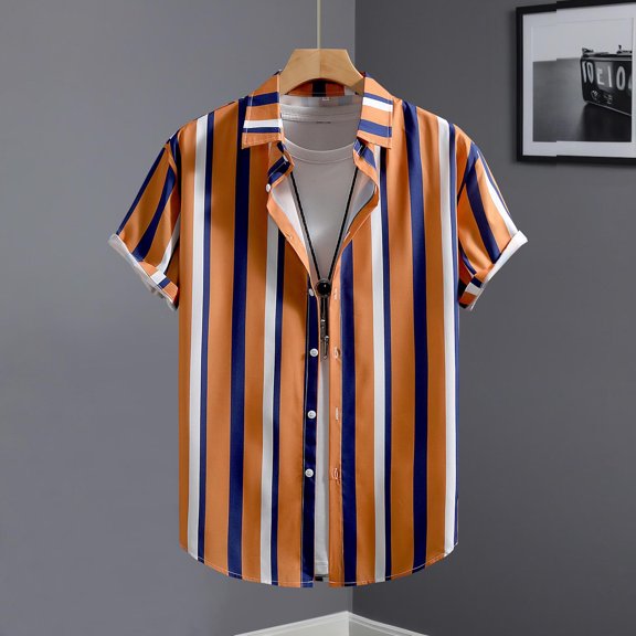 Swuxness Men's Short Sleeve Turndown Collar Shirt Stripe Print Beach Casual Lightweight Summer Top