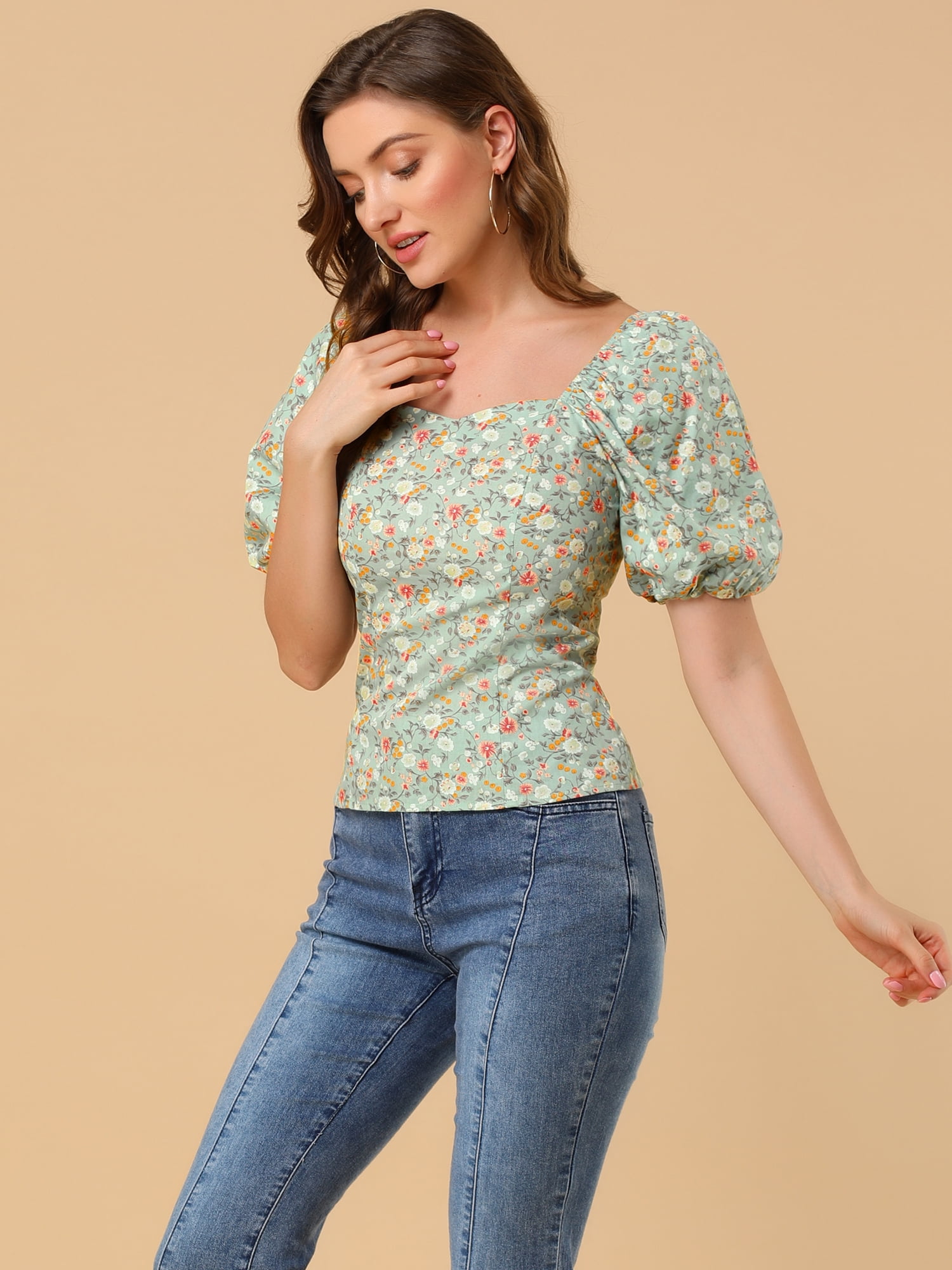 DARING DIVA Puff Sleeve Sweetheart Neck Smocked Floral Top XL Green
