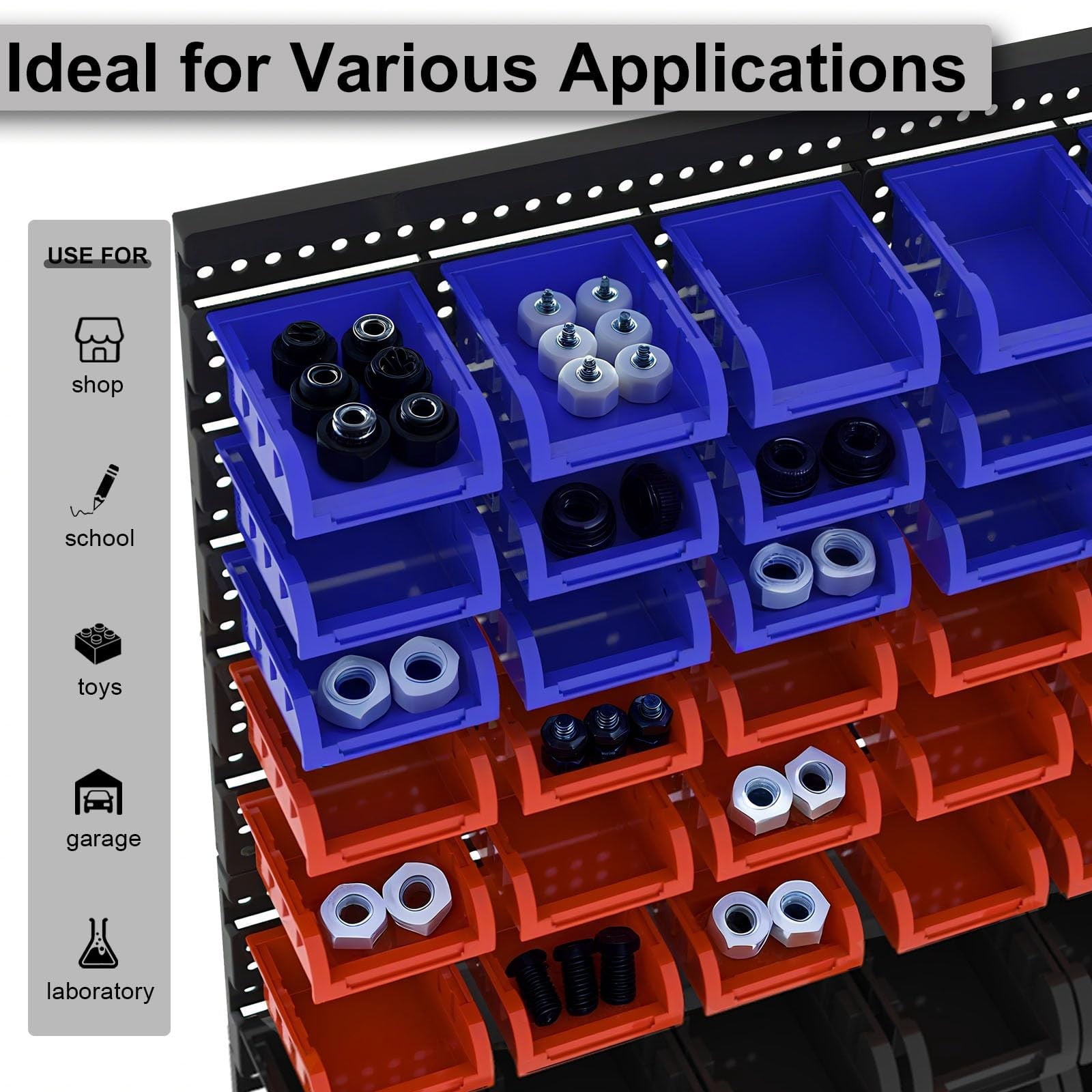 Extra Large 90PCS Wall Mounted Storage Bins Organizer, Plastic Screw & Bolt Storage Rack with Pegboard, Nut & Hardware Organizer for Garage, Workshop, Craft Room (Red & Black& BLue)