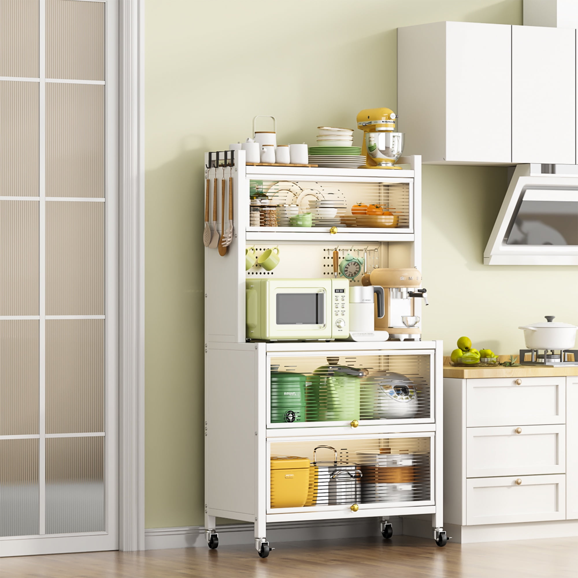 PORKISS Kitchen Pantry, Metal Pantry Cabinet with Doors and 4 Wheels, Modern Storage Cabinet with Shelves and Racks for Dining Room, Living Room, White