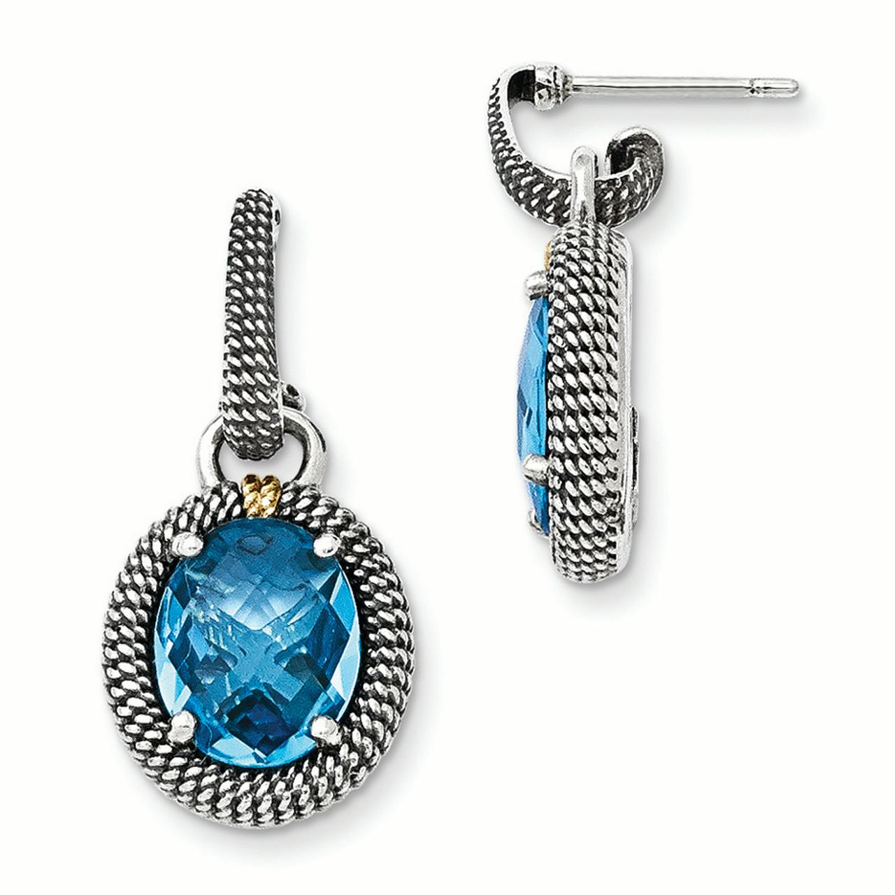 Sterling Silver w 14k Antiqued Blue Topaz Post Dangle Earrings by Saris and Things QG