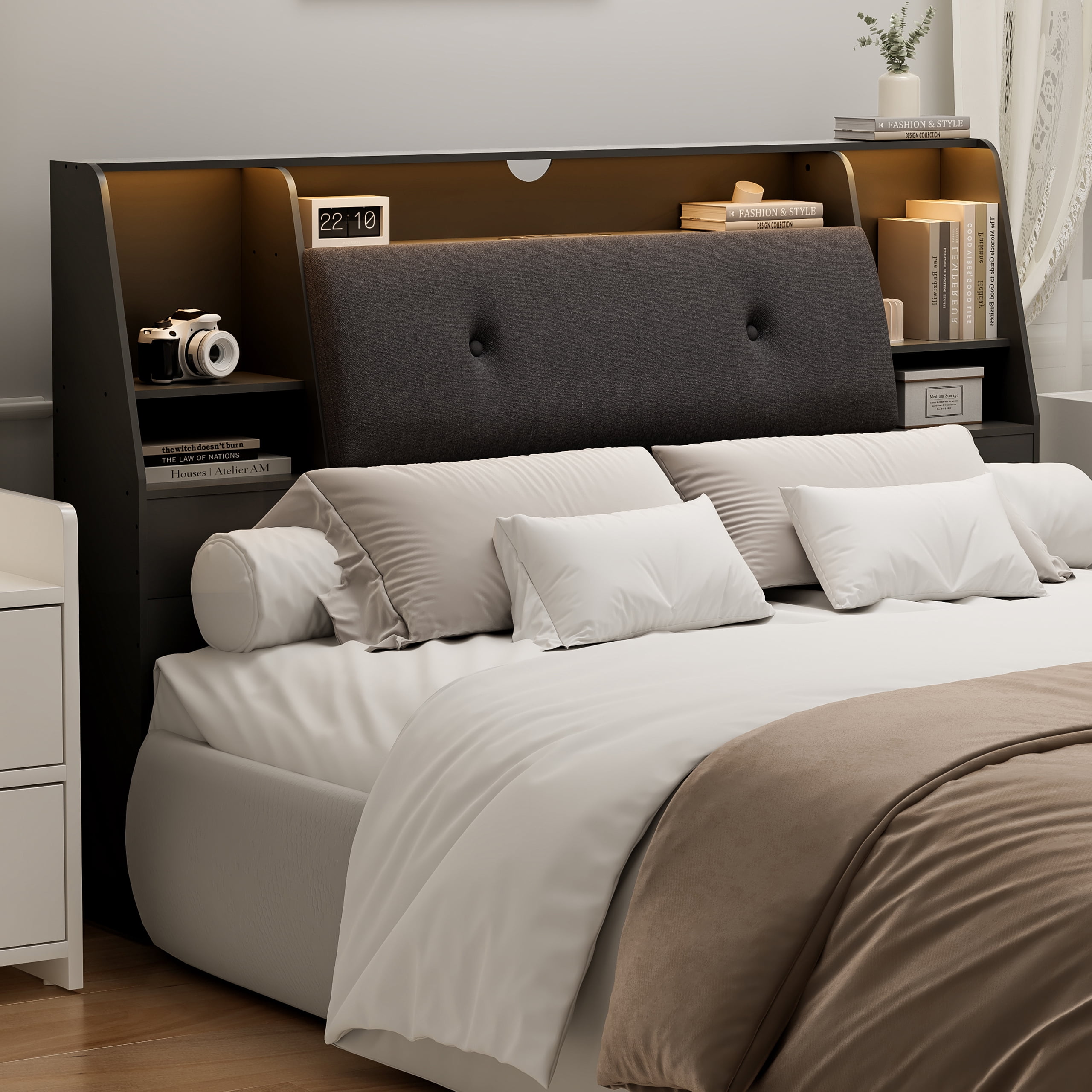 Someet 2 in 1 Queen Size Removable Upholstered Bookcase Headboard with 2 USB & 2 Type-C Port & Power Outlets & LED Light, Black